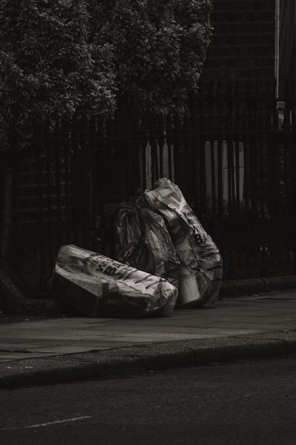 Three black plastic rubbish bags, filled and tied at the top, are placed on the pavement beside a curb in front of a dark wooden fence and dense foliage of trees. The bags appear to contain household waste or general debris and are positioned next to a metal gate or railing, which extends into the background. The scene is set outdoors under natural light, with the bags slightly leaning against each other and the fence, indicating a moment of private waste collection or disposal. This outdoor setting and the presence of the rubbish bags reflect a typical instance where independent waste clearance services, such as those provided by Waste Clearance Paddington, may be employed for on-site rubbish removal that avoids reliance on council-managed collections.